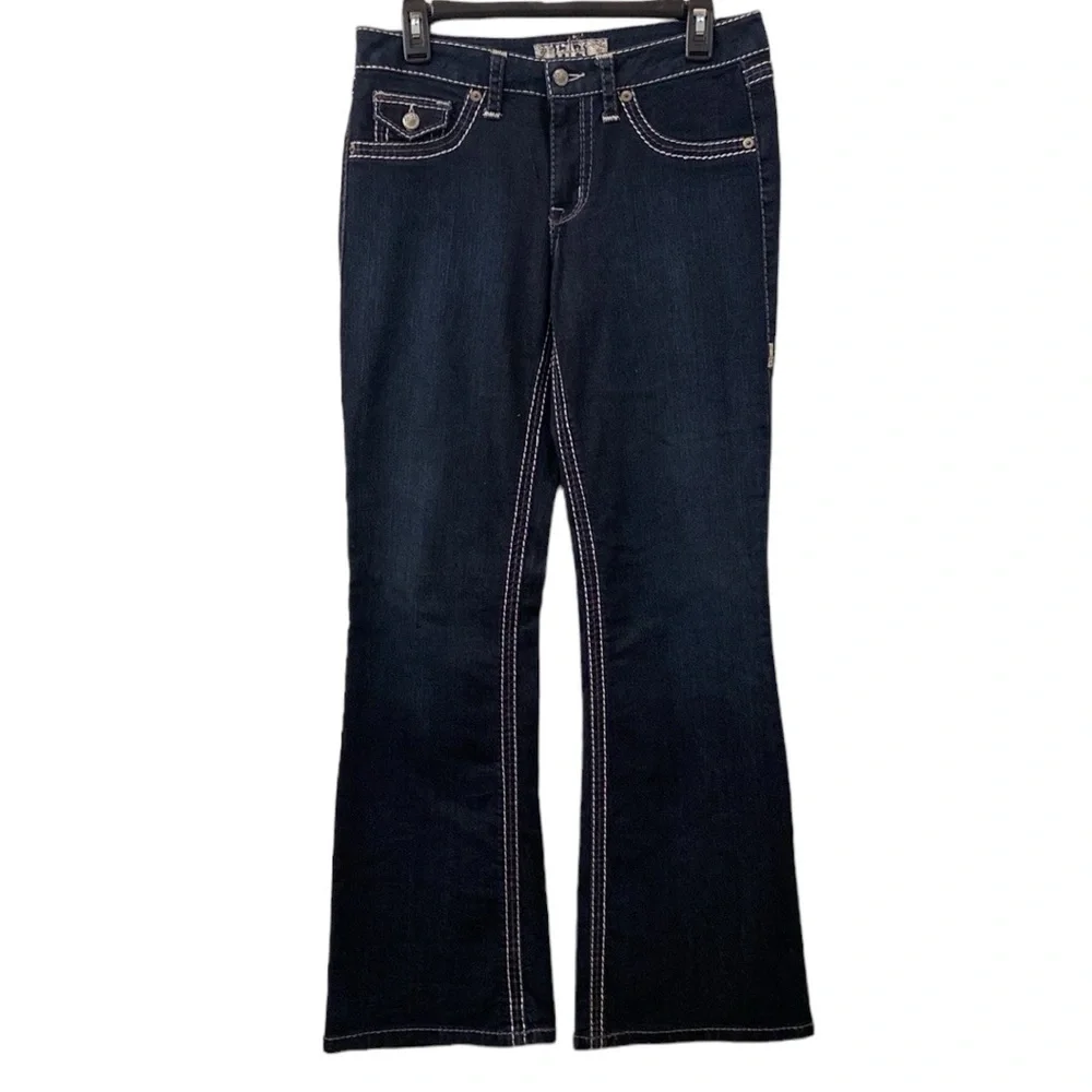 Exclusive Denim 17/21 Dark Blue Jeans Fantastic White Stitching Boot Cut WM SZ 8